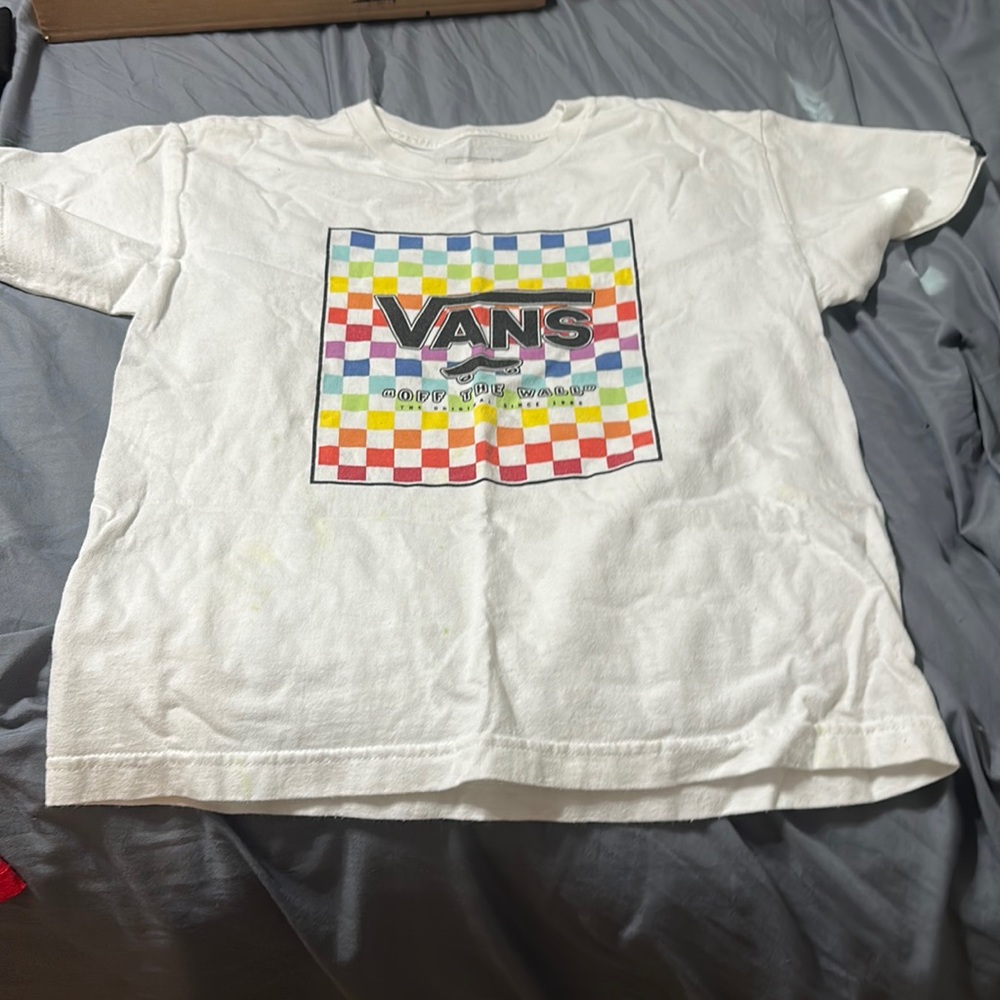 Preowned Vans white Tshirt with checkerboard pattern on front - Picture 1 of 5
